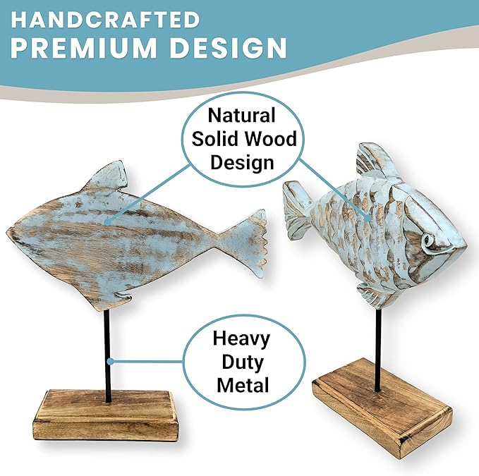 Wooden Fish Sculpture Home Decor | Handmade Surgeon Fish Statue on Stand | Sea Nautical Beach House Decor Art Piece | Rustic Centerpiece Table Decor for Office, Living Room (Surgeon Fish)