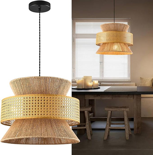 Rattan Pendant Light Fixture,Ceiling Bohemian Chandelier Rattan Flush Mount Hanging Light Fixture Woven Lamp Basket Chandelier for Kitchen Island Hallway Bedroom Dinning