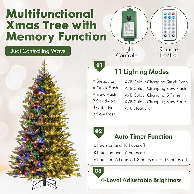 Happygrill 7 FT Pre-Lit Artificial Christmas Tree, Hinged Xmas Tree w/1646 Branch Tips, 470 LED Lights, 11 Lighting Modes, 3 Auto Timers, 4-Level Brightness & Remote Control, Decoration Tree for Party