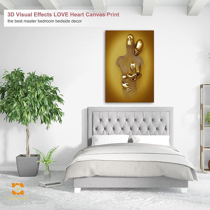 3D Wall Art- Love Heart 3D Metal Canvas Art, Gold Modern Abstract Hug Lovers Painting Picture Poster Prints for Bathroom, Romantic Couple Living Room Canvas Wall Art Framed 32”x48”x1Pcs