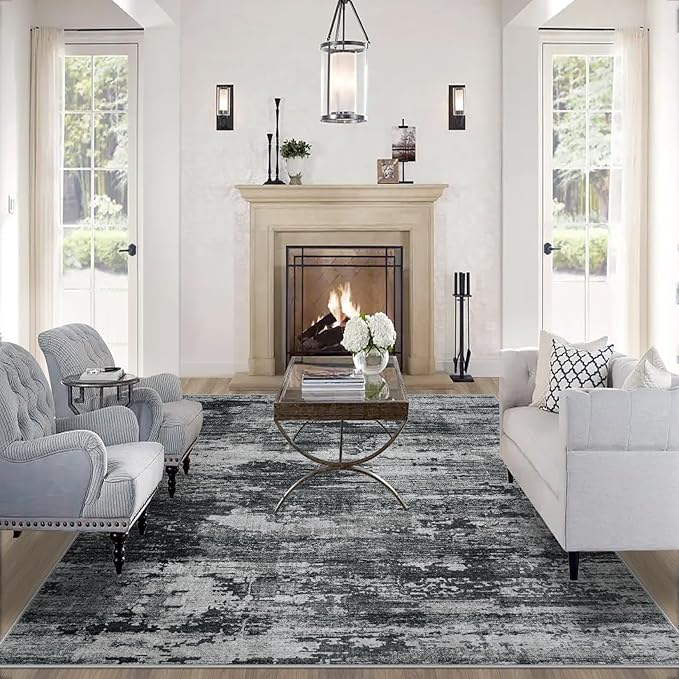 8x10 Area Rugs for Living Room: Large Machine Washable Area Rug with Non Slip Backing Non Shedding Abstract Stain Resistant Carpet for Bedroom Dining Room Nursery Home Office - Black