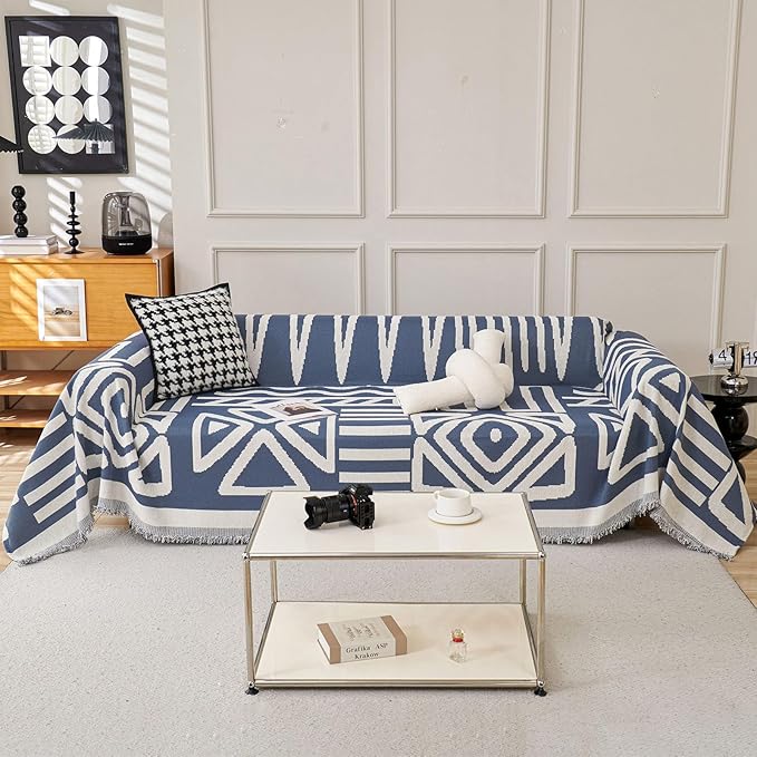 VClife Boho Couch Cover for 3 Cushion Couch Chenille Sofa Cover for Sectional Sofa, Modern Blue Sofa Slipcover Washable Couch Covers for L-Shape Sofa Reversible Sofa Protector 71''x134''