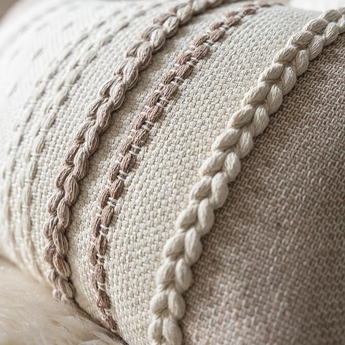 Boho Throw Pillow Covers 18x18 Inch Set of 2, Khaki Textured Decorative Couch Pillow Cases for Farmhouse Home Decor, Accent Cushion Cover for Sofa, Bed, Living Room, Bedroom