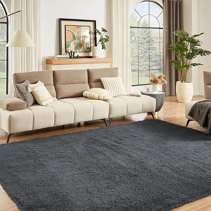 Floralux Area Rugs 9x12 Living Room, Dark Grey, Large Shag Rug Bedroom Rug, Ultra Soft Shaggy Fluffy Carpet for Playroom, Plush Modern Carpets for Kids Room, Dorm Home Decor Aesthetic