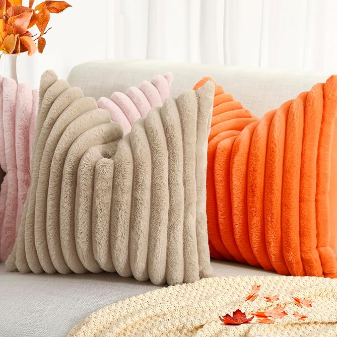 decorUhome Faux Fur Thanksgiving Day Throw Pillow Covers 16x16 Set of 2, Decorative Soft Plush Striped Neutral Couch Euro Pillow Covers with Velvet Back for Sofa, Bed, Living Room Home Decor, Orange