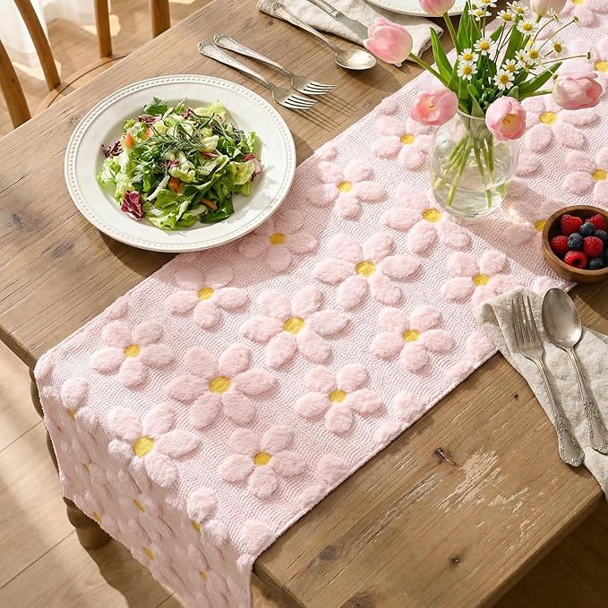 Artoid Mode Pink Soft Plush Faux Fur Jacquard Embroidery Daisy Spring Table Runner, Kitchen Dining Table Decoration for Home Party Decor 13x72 Inch