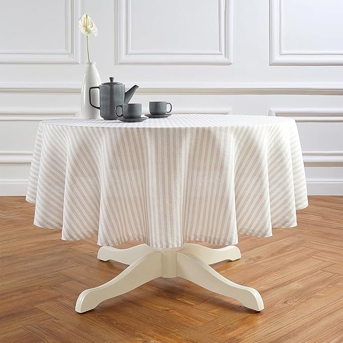 Solino Home Linen Round Tablecloth 70 Inch - Amalfi Stripe, 100% Pure Linen Natural and White Round Tablecloth - Machine Washable Table Cloth for Fall, Autumn, Thanksgiving, Christmas