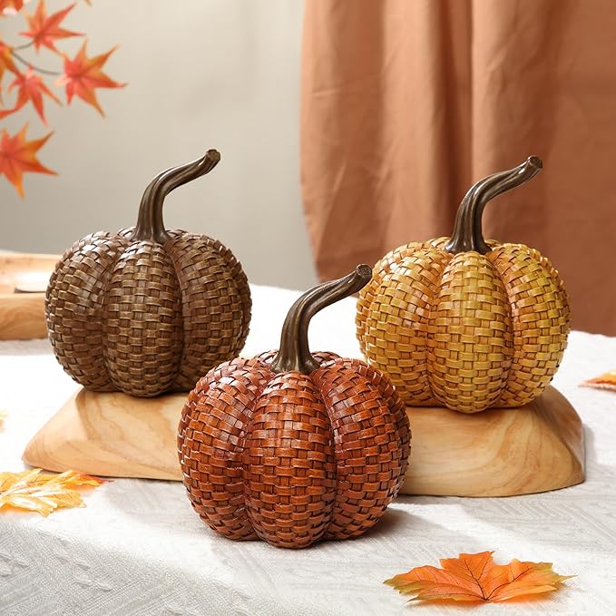 Hollyone Fall Pumpkins Decor, 3PCS Rattan Resin Pumpkins for Decorating Figurines Decorative Pumpkin for Home Autumn Harvest Thanksgiving Halloween Party Wedding Table Centerpiece Indoor Decor