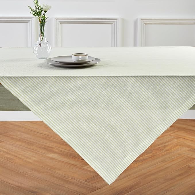 Solino Home Linen Tablecloth 52 x 52 Inch - Narrow Stripe, 100% Pure Linen Sage and White Square Tablecloth - Machine Washable Table Throw for Fall, Autumn, Thanksgiving, Christmas, Winter