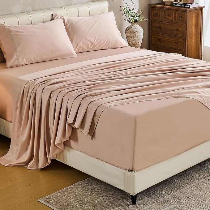 MEISHANG Extra Deep Pocket Cotton Sheets Queen Size - 100% Egyptian Cotton 1000 Thread Count - Fits 18"-24" in Deep Mattress,Oeko-Tex Certified, Soft & Breathable - 4 Piece (Queen, Light Pink)