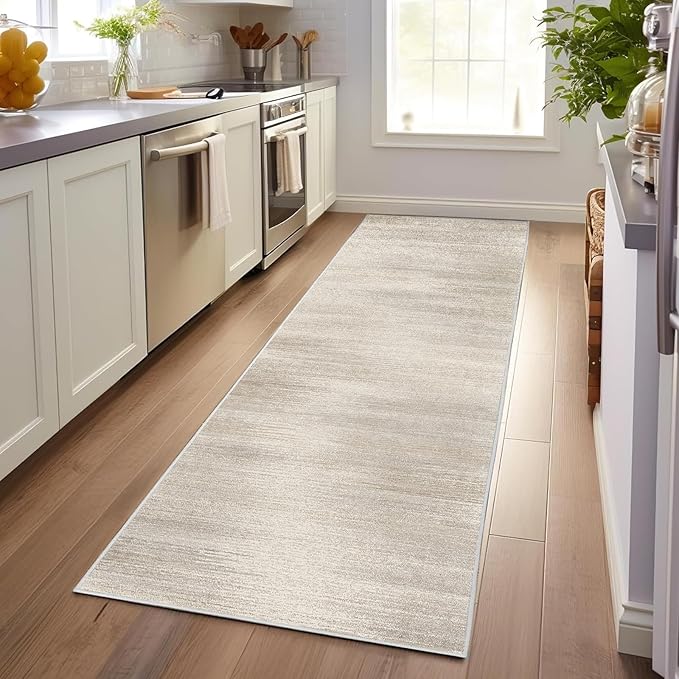 Enkor Runner Rugs for Hallway, 2'7"x8 Washable Soft Non Slip Abstract Rugs for Kitchen, Modern Mat for Entryway Living Room Bedroom Beige & Grey