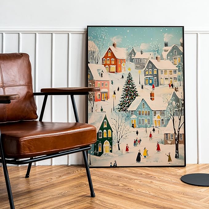 OZCONO Retro Winter Village Art, Pastel Snowy Town Christmas Decor, Cute Noel House Decor Idea, Holiday Home Accent, Cozy Seasonal Wall Artwork, Xmas Print (Unframed) (9x11)