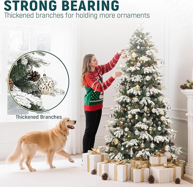 YITAHOME 6FT Prelit Christmas Tree with Remote Control, Hinged Artificial Pre-Decorated Tiered Flocked Christmas Tree w/ 900 PE & PVC Mixed Frosted Tips, 29 Pinecones, w/ 11 Lighting Modes & 3 Timers