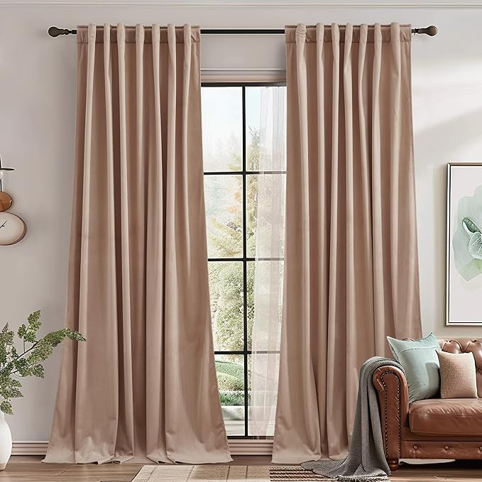 StangH Extra Wide Beige Blush Velvet Curtains Light Dimming for Sliding Door, Solid Rustic Window Treatment Temperature Regulate Soundproof for Kids Nursery/Business Office, W62x L84