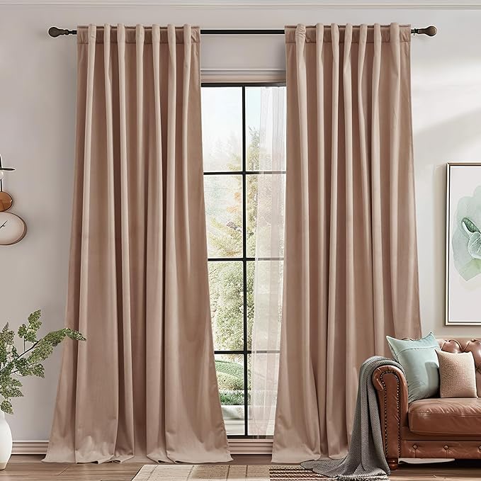 StangH Super Soft Velvet Curtains Beige Blush 90 inches Long,Back Tab Farmhouse Decor Room Dividers Light Blocking Panels for Kids Nursery/Living Room, W62x L90, 2 Panels