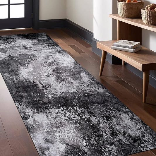 Non Slip Rugs 2x7 Modern Abstract Easy Silk Rubber Backing Soft Runner Rug for Hallways Easy to Clean Non Shedding Kitchen for Laundry Room Indoor Area Carpet (Gray - Black, 2x7)
