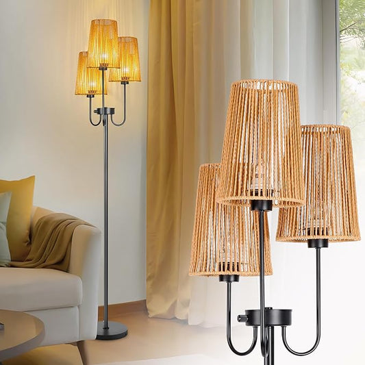Rattan Floor Lamp for Living Room,3-Light Farmhouse Standing Lamp with Rattan Shades, 65" Tall Rustic Tall Lamps for Bedroom,Office,3 x E26 LED Bulb Included