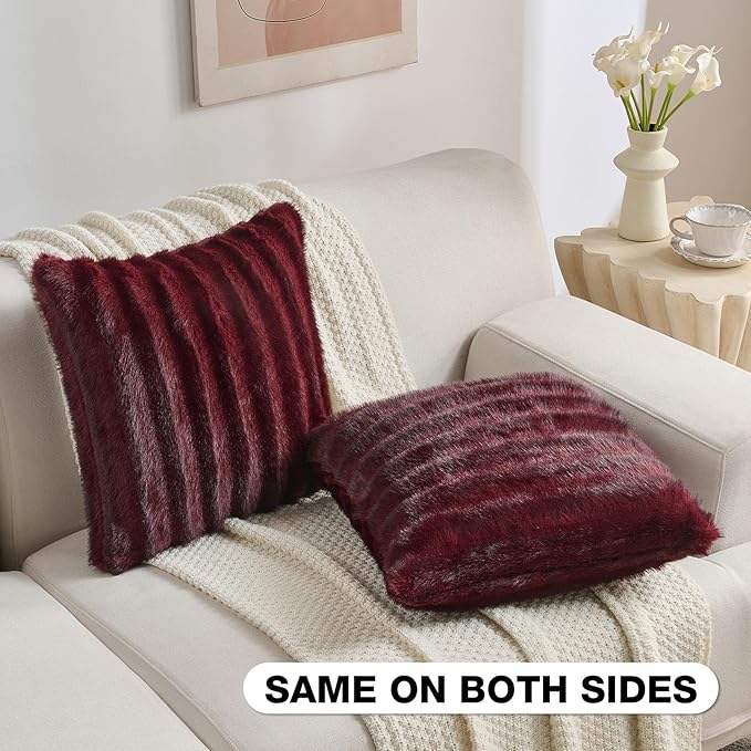 FUTEI Burgundy Decorative Throw Pillow Covers 12x20 Inch Set of 2,Soft Fluffy Faux Rabbit Fur Dyeing Striped Textured Lumbar Pillow Case,Modern Home Decor for Couch Bed Living Room