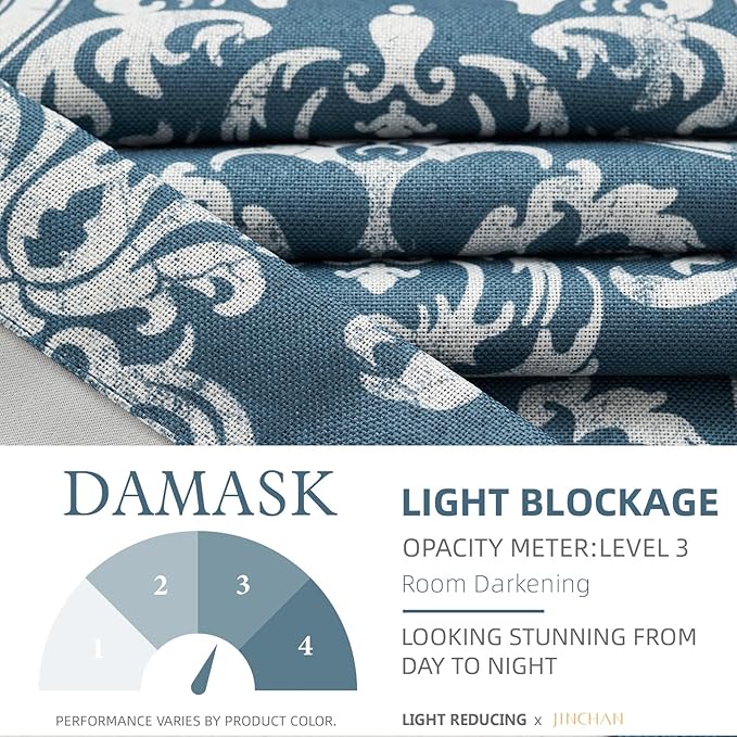 jinchan Room Darkening Curtains for Bedroom Blue Damask Patterned Curtains 63 Inch Length for Living Room Linen Textured Vintage Drapes Medallion Window Treatments Grommet Top 2 Panels Set