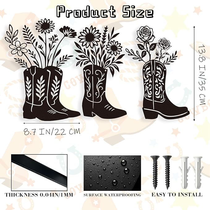 Zckjnoi Cowboy Boot Metal Wall Sculpture Set of 3 – Country Farmhouse Wall Hanging Art, Rustic Vintage Style Metal Signs for Living Room, Bedroom, Bathroom, or Modern Home Wall Decoration
