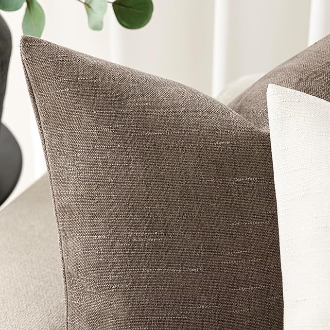 Foindtower Pack of 2 Soft Textured Chenille Throw Decorative Pillow Covers Square Accent Solid Cushion Cover Cozy Farmhouse Pillow Case with Zipper for Couch Sofa Bedroom Living Room 24x24 Inch, Taupe
