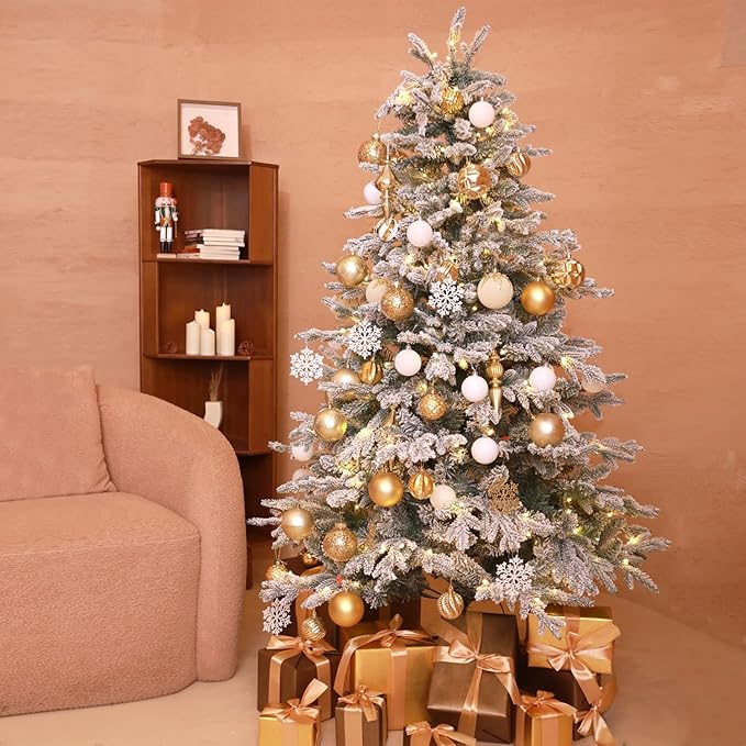 6ft Snow Flocked Prelit Christmas Tree Decorations with 200 Dual-Color LED Lights, Lighted Artificial White Xmas Tree for Indoor Decor,Mantel & Entryway with 1382 Tips, Metal Stand,Plug-in
