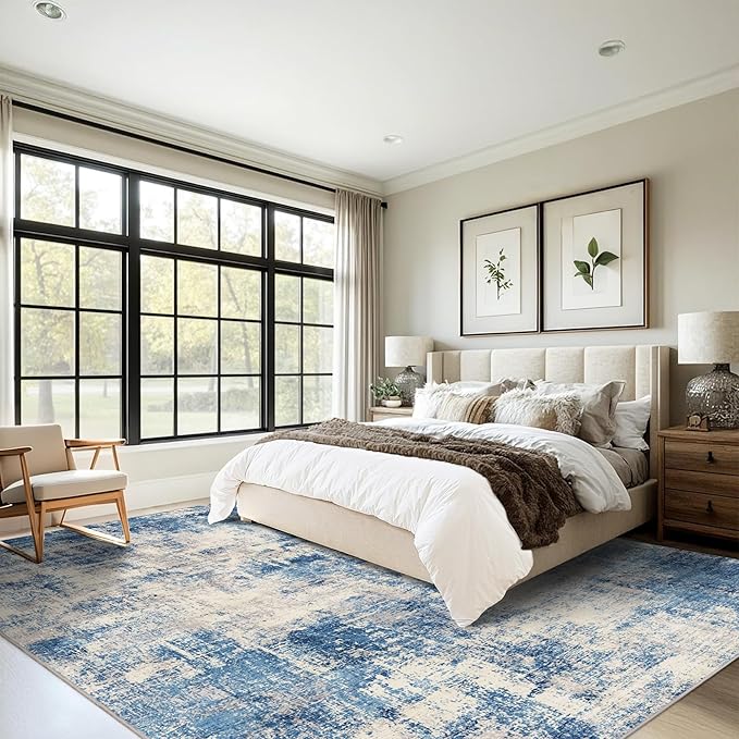 8x10 Modern Abstract Rug Washable Area Rugs for Living Room Bedroom Dining Room Non-Slip Low Pile Neutral Large Rug Soft Indoor Floor Carpet, Blue