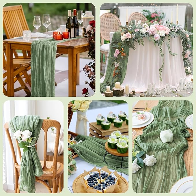 Wokceer Cheesecloth Table Runner 6Pack 10FT Sage Green Boho Gauze Fall Christmas Cheese Cloth Table Runner for Party Long Rustic Sheer Table Runners for Baby Bridal Shower Wedding Easter Table