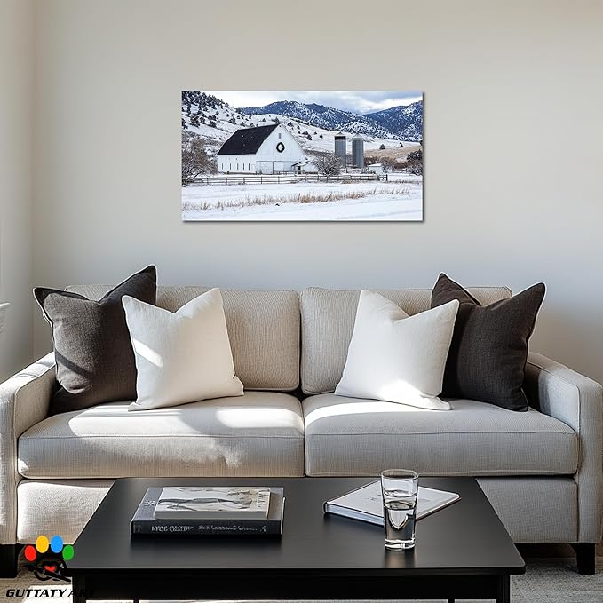 GUTTATY Christmas Winter Barn Canvas Wall Art, Rustic Farmhouse Winter Scene Pictures, Snowy Holiday Wall Decor, Countryside Canvas Print with White Barn for Living Room, Bedroom, Office, 16x8 Inch