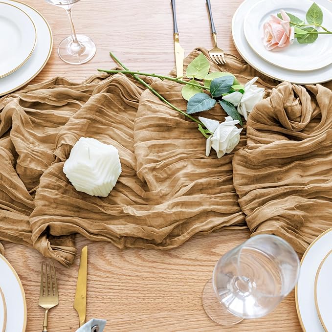 Wokceer Cheesecloth Table Runner 2Pack 10FT Khaki Boho Gauze Cheese Cloth Table Runner for Party Long Rustic Sheer Table Runners for Baby Bridal Shower Wedding Easter Table Decor