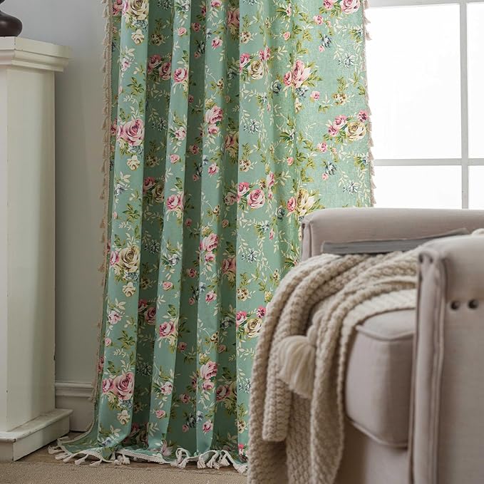 OYX Boho Curtains 96 Inch Length 2 Panels for Living Room, Bedroom Light Filtering Drapes, Farmhouse Vintage Country French Rustic Tassels Pattern Rod Pocket Aesthetic Decor Window Treatments