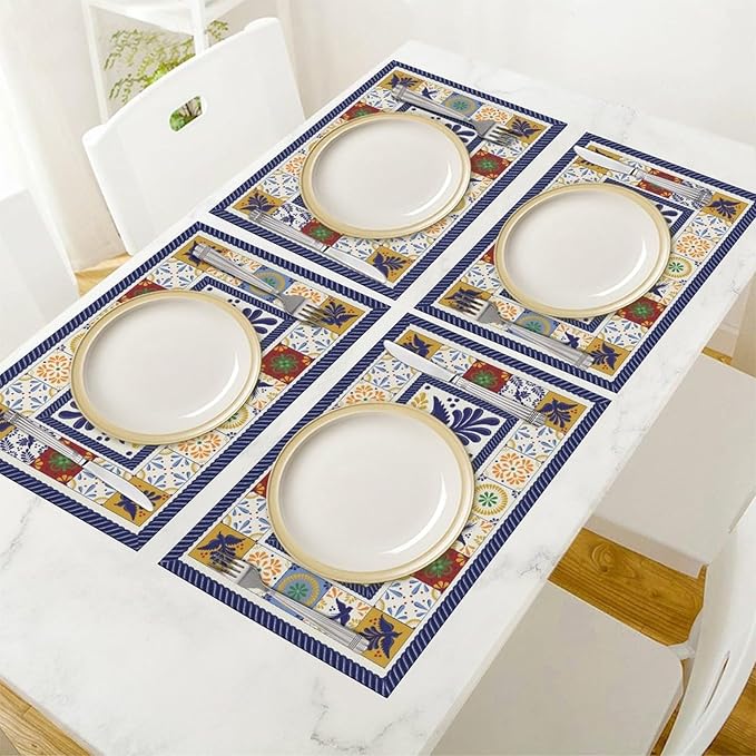 Mexican Placemat Set of 4, 12x18 Inch Rustic Mexico Tiles Floral Birds Colorful Talavera Ceramic Dia De Los Muertos Coffee Vintage Table Mats for Outdoor Kitchen Dining Table Decoration