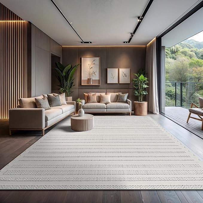 CAMILSON Modern Rug 9x12 Luxury Striped Line Large Micro Loop Area Rugs Soft High-Low Pile Stain Resistant Easy to Clean Non-Shedding Durable Living Room Office Indoor Carpet (White)