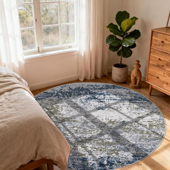 Modern Abstract 4x4 Round Area Rug Non Slip Non Shedding Rug Low Pile Stain Resistant for Bedroom Living Room Office Dining Room,Navy