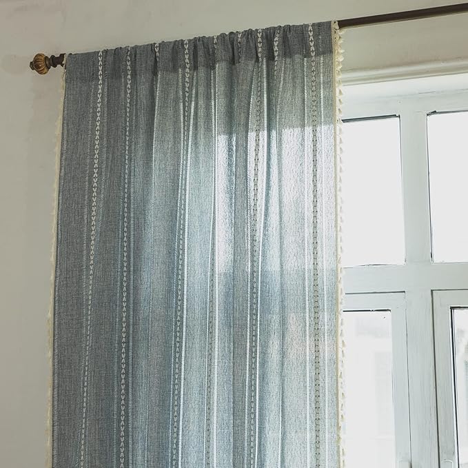 Sutuo Home Blue Boho Curtains 102 inches Long for Bedroom Living Room Dining Room, Semi Blackout Linen Farmhouse Tassels Window Treatment Bohemian Embroidery Drape, Rod Pocket 1 Panel 52" W x 102" L