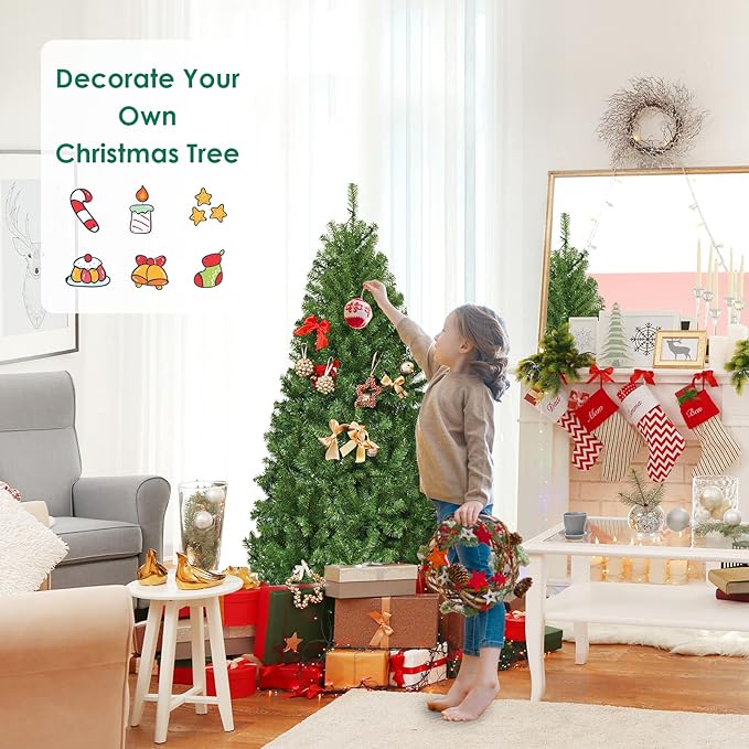 COSTWAY 6 FT Pre-lit Christmas Tree, Artificial Xmas Tree with 350 Warm White & Multicolored Lights, 11 Modes, 1000 Branch Tips, Metal Support, Holiday Decoration Fake Tree for Home, Office, Party