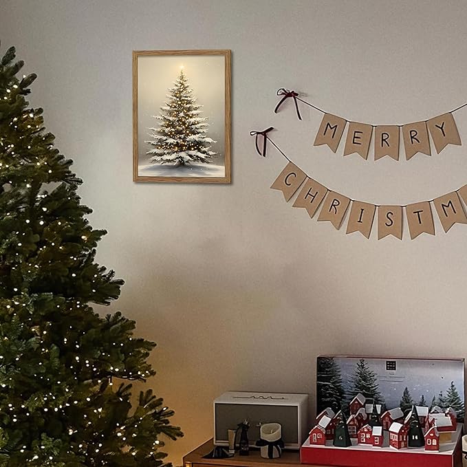 Vintage Christmas Pictures Wall Decor, Framed Christmas Tree Wall Art, Rustic Winter Holiday Pine Tree Print, Snowscape Botanical Canvas Artwork for Living Room Bedroom – 12x16in