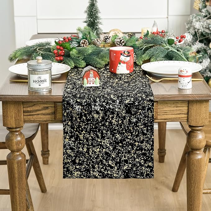 Artoid Mode Black Dutch Fleece Table Runner, Glitter Metallic Foil Holiday Kitchen Dining Table Decoration for Home Party Decor 13x48 Inch