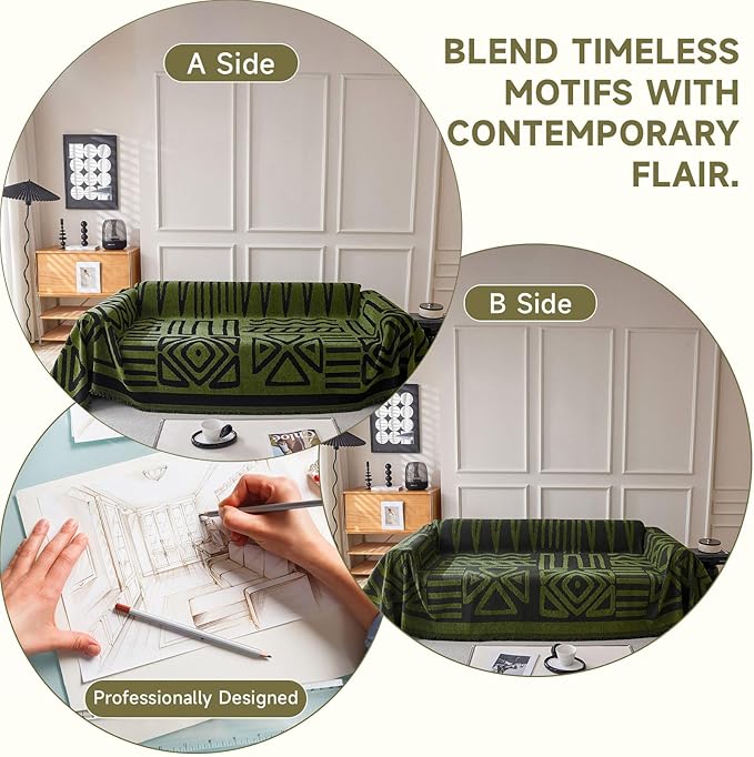VClife Boho Couch Cover Thick Soft Chenille Sofa Covers for Sectional Couch, Bohemian Forest Green Couch Covers for 3 Cushion Couch Sofa Washable Multi-Functional Furniture Protector, 71''x150''