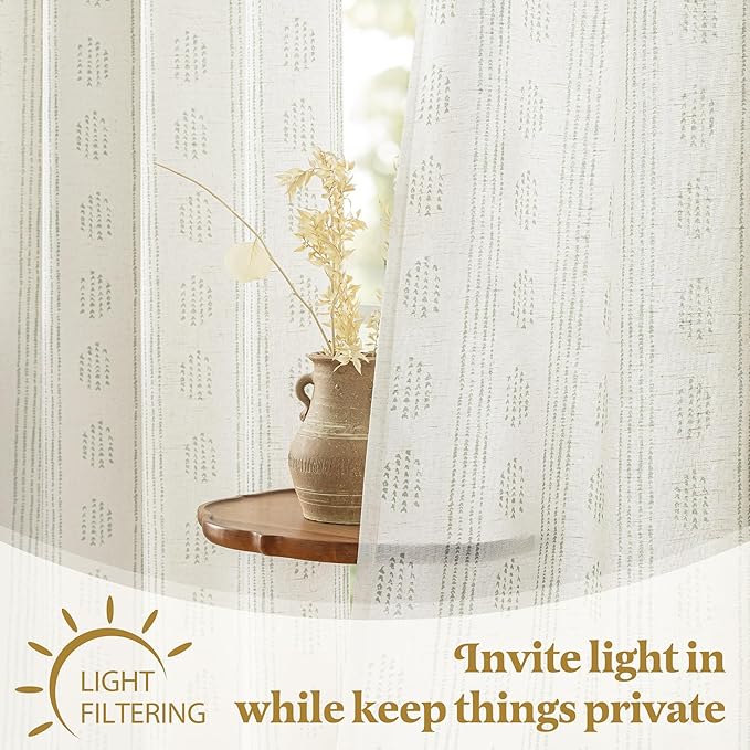 Boho Linen Curtains for Bedroom Living Room Sage Green Farmhouse Boho Curtains 84 Inches Long Geometric Striped Patterned Mudcloth Grommet Top Rustic Window Drapes 2 Panels Green on Beige