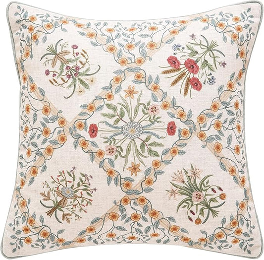 ISAENNE Design Linen Throw Pillow Covers 18"x18", Square Farmhouse Cushion Covers with Red Pink Yellow Watercolor Wildflower Pattern Decor Pillowcases for Bed,Living Room,Outdoor,Car