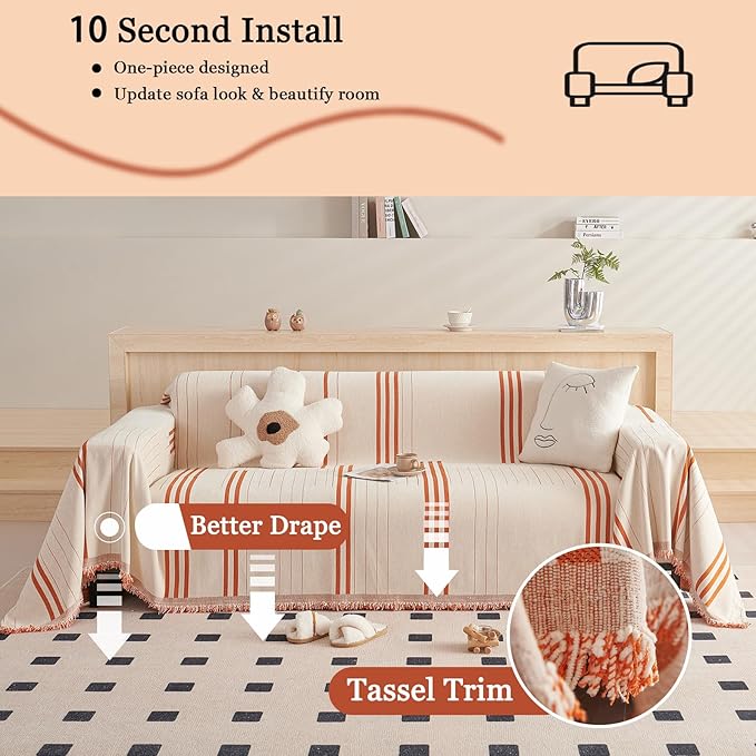DREAMINGO Couch Cover Reversible Chenille Furniture Protector Sofa Covers for Pets Kids Beige Orange Couch Cover for 3 Cushion Couch Sofa Vertical Stripe Jacquard Sofa Slipcover Sectional, 71"x134"