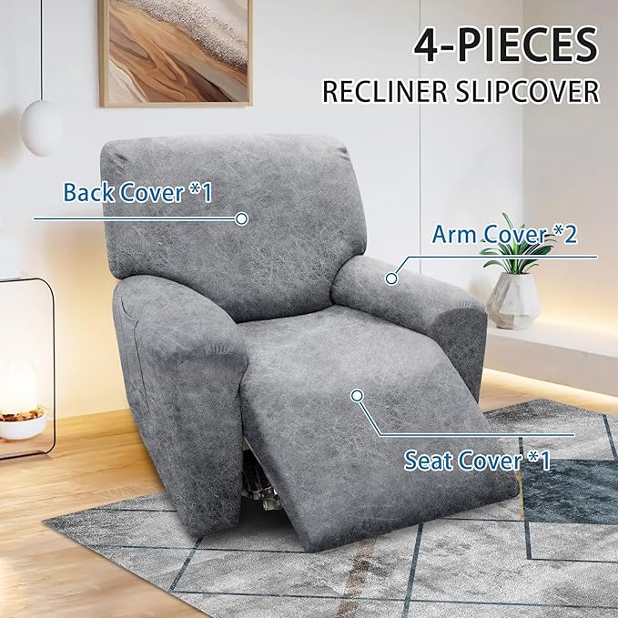 Chair Covers 4-Pieces Recliner Chair Covers 1 Seater Cover for Recliner Chair Leather Look Recliner Slipcovers with Pockets Spandex Fabric Furniture Covers(Recliner, Light Grey)
