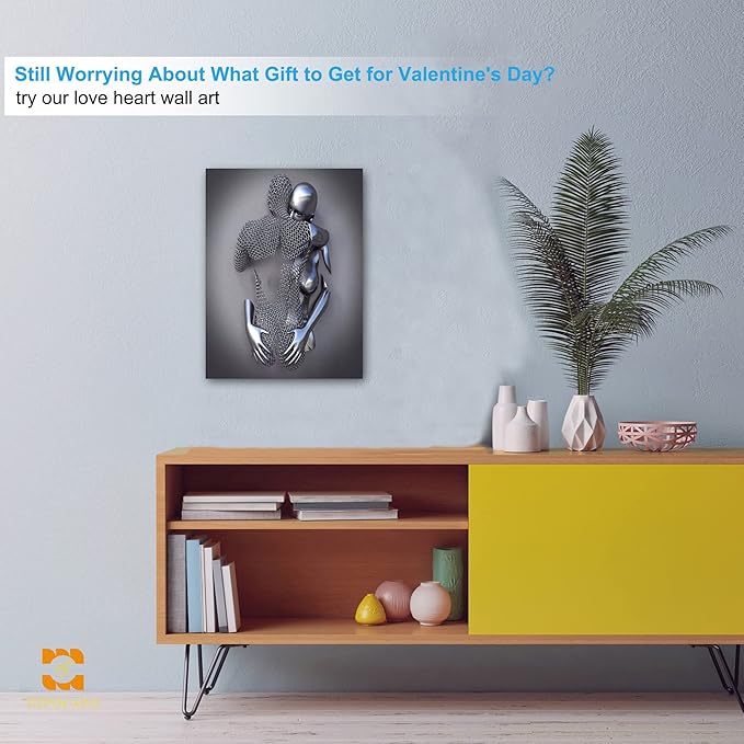 HIPOCAPO 3D Metal Effect Wall Art - Wall, Silver Modern Abstract Hug Lovers Painting Picture Poster Prints for Bathroom, Romantic Couple Living Room Canvas Framed 18''x24''x1Pcs 3d Art-14