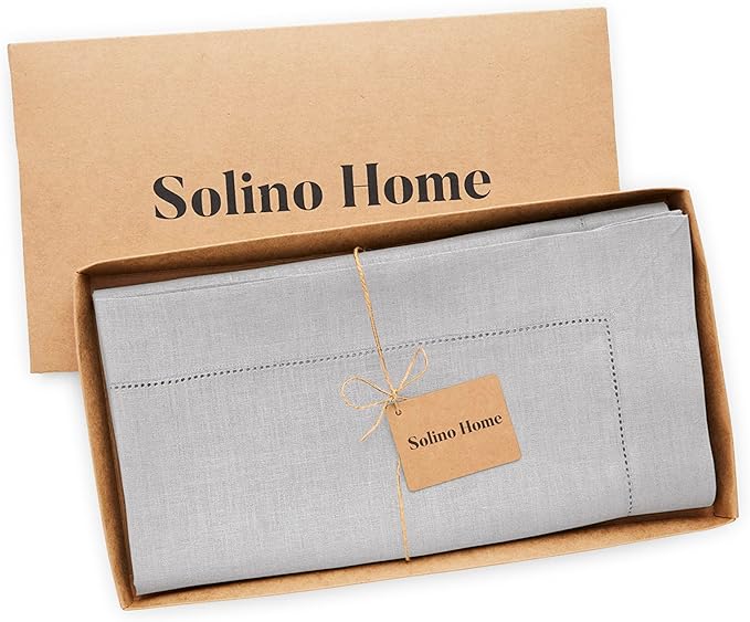 Solino Home Soft Grey Linen Tablecloth 52 x 52 Inch - 100% Pure Linen Square Table Throw - Classic Hemstitch, Machine Washable Table Cloth for Fall, Autumn, Thanksgiving, Christmas, Winter
