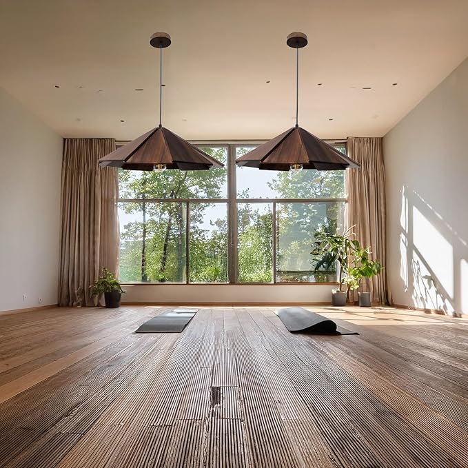 Dark Wood Geometric Pendant Light, Layered Wooden Hanging Lamp, Modern Farmhouse Scandinavian E26 Adjustable Ceiling Fixture for Kitchen Island, Dining Room, Bedroom, Living Room, Entryway.