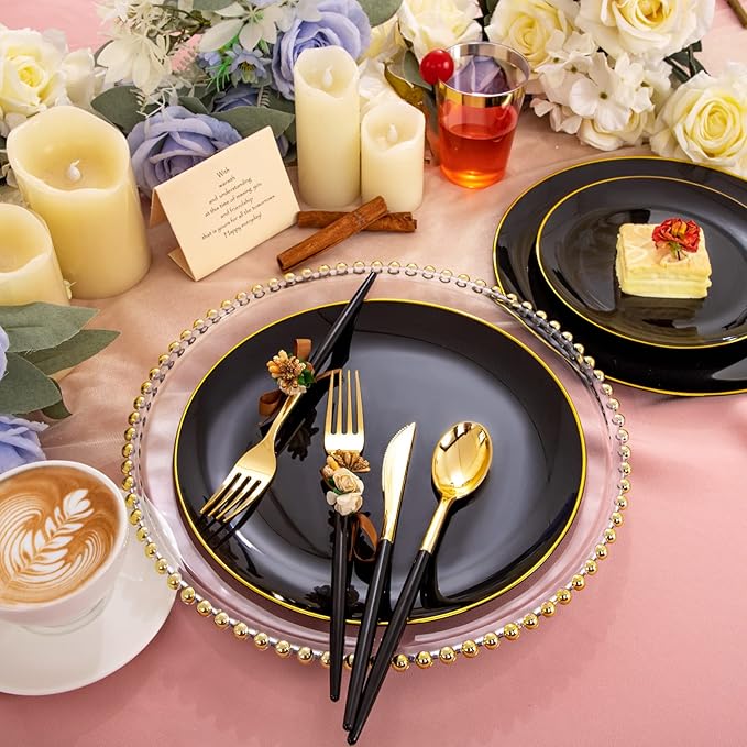 LIYH 180 Pcs Black Plastic Dinnerware Set with Gold Silverware,Halloween Plates, Black Plastic Plates Disposable, Heavyduty Gold Utensils Set for Parties,Halloween Happy New Year 30 Guests
