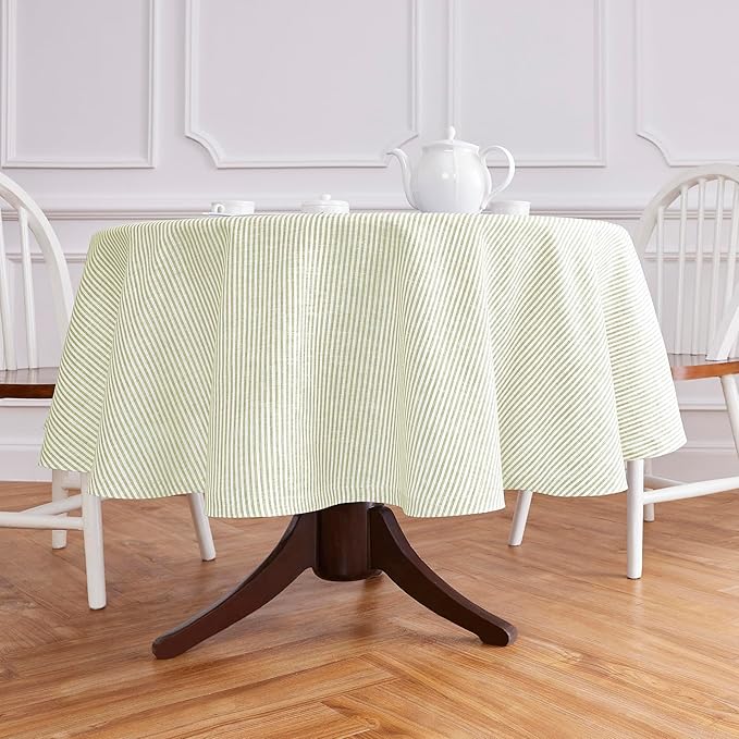 Solino Home Linen 60 Inch Round Tablecloth - Narrow Stripe, 100% Pure Linen Sage and White Round Tablecloth - Machine Washable Table Cloth for Fall, Autumn, Thanksgiving, Christmas, Winter