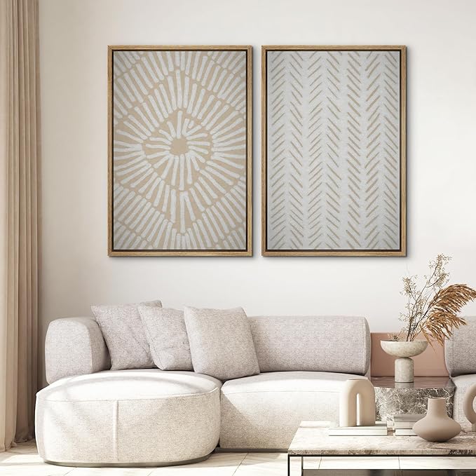 SIGNWIN Framed Canvas Print Wall Art Set Tan White Tropical Geometric Collage Abstract Shapes Cozy Neutral Modern Art Minimal Boho Relax/Calm for Living Room, Bedroom, Office - 24"x36"x2 Natural
