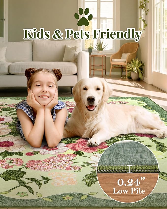 Door Mat Indoor Entrance 2x3 - Floral Rug Washable Small Area Rug Non-Slip Low Pile Rugs for Entryway, Kitchen, Bedroom, Entry, Bathroom - Green
